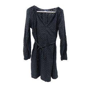 Gap Womens Dress XS Black Long Sleeve Belted Eyelet V-Neck Tie Waist Cotton Su22